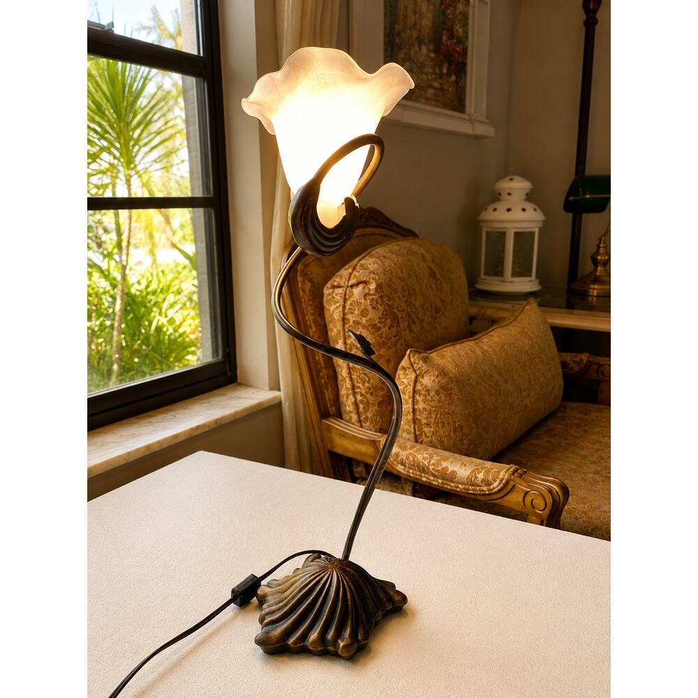 Meyda Tiffany Pond Lily Accent Lamp  art glass shade and a leafy bronze base
